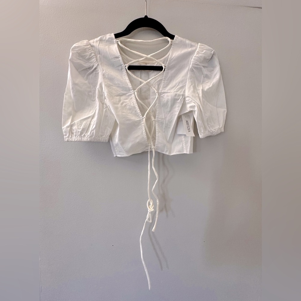 White Puff Sleeve Crop Top With Crossed Back